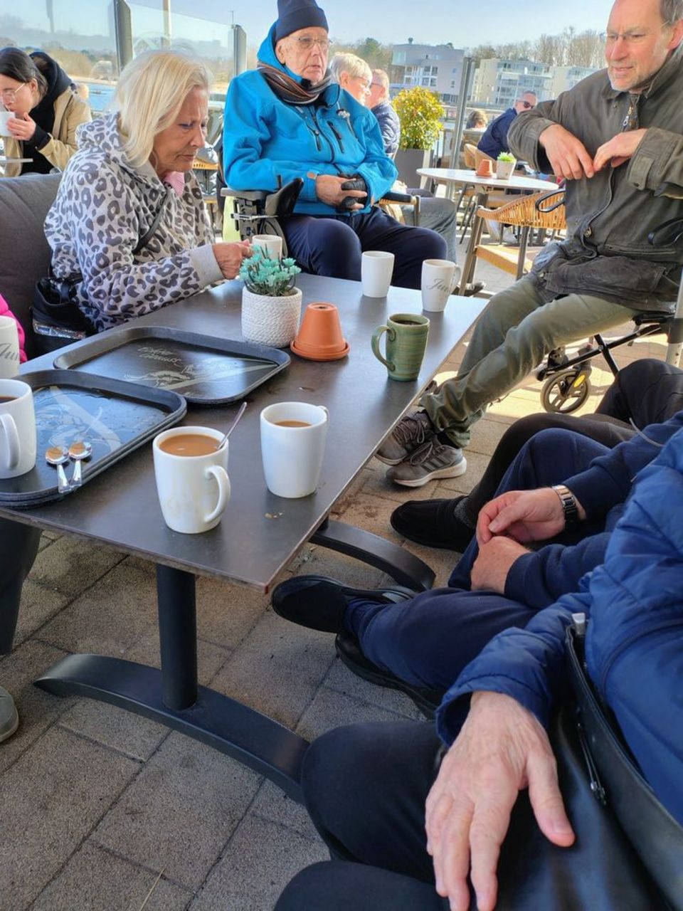 Eine Gruppe Senior*innen sitzt in einem Café um Tisch herum, auf dem einige Tassen stehen.